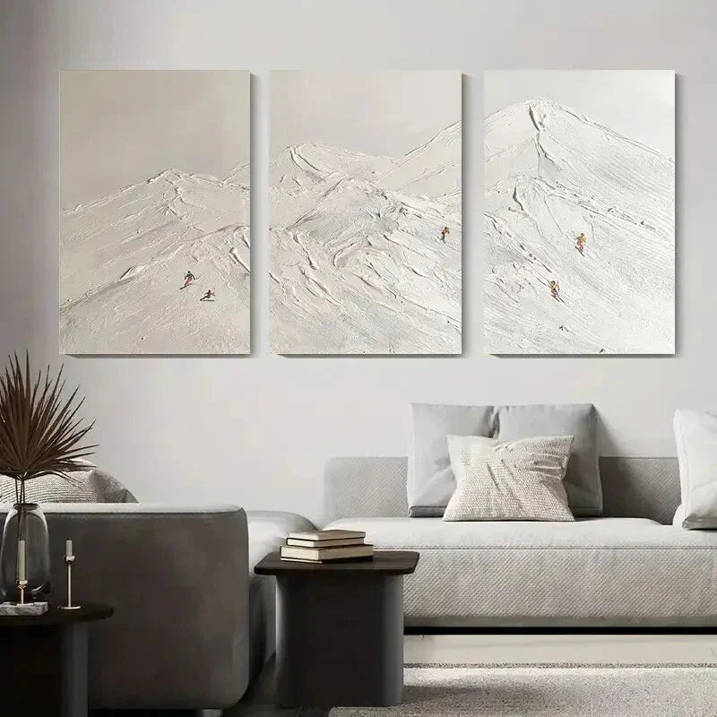 3pcs Snowy Mountain Peaks with Skiers Metal Print Ready to Hang Art