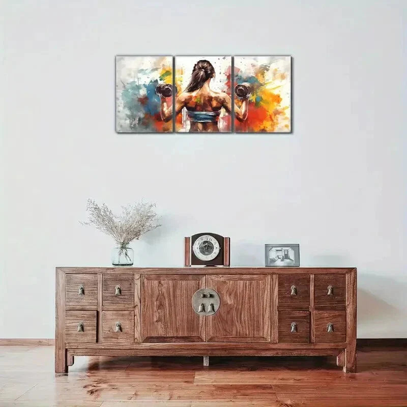 3pcs Stylish Girl Lifting Dumbbells Oil Painting Metal Print Ready to Hang Art