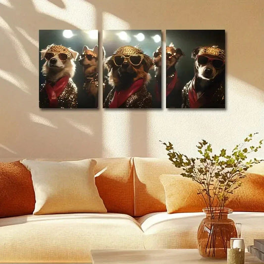 3pcs Stylish Dogs in Fashion Glasses & Golden Hats Metal Print Ready to Hang Art