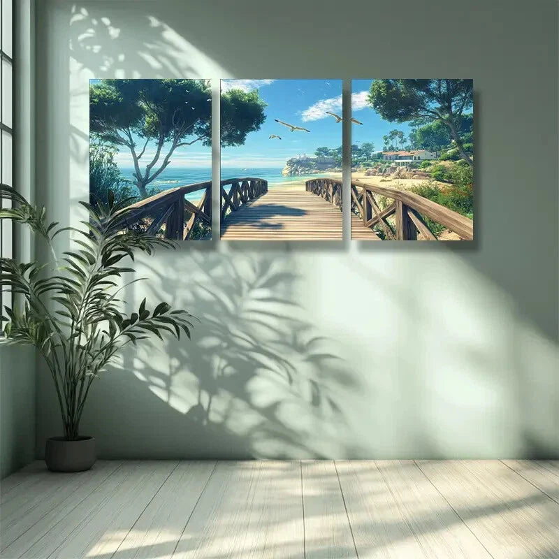 3pcs Beach Scene with Wooden Bridge Palm TreesWall Art Set Canvas Framed 40x60cm - High Quality Print 100% Australian Made Wall Canvas Ready to Hang