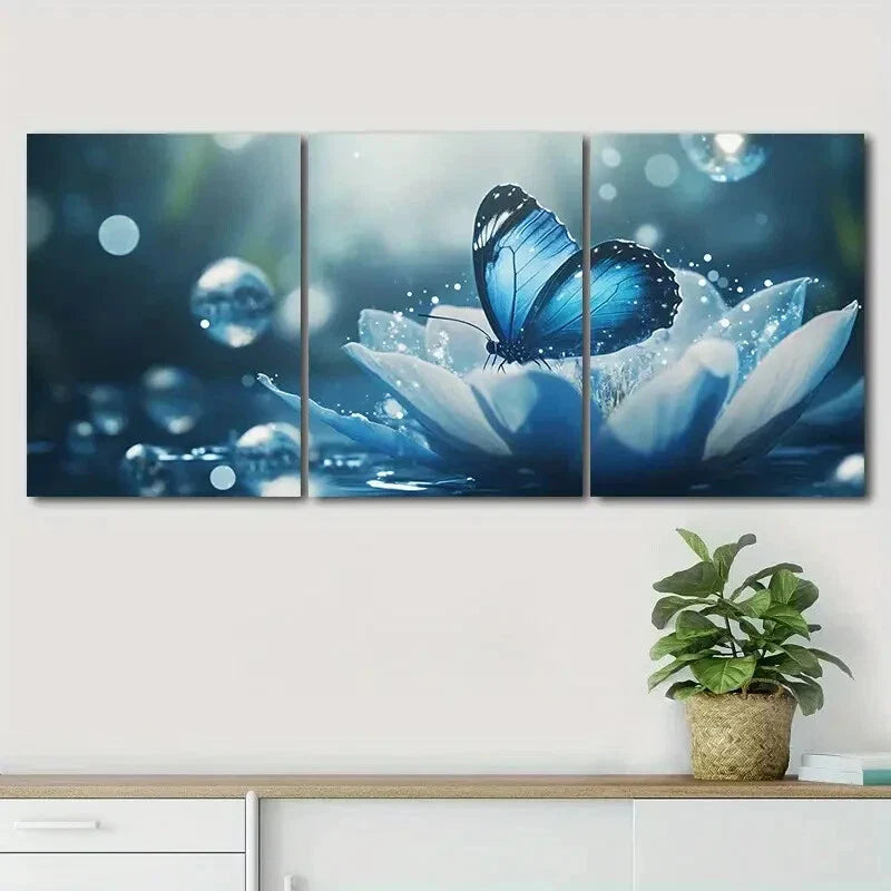 3pcs Vibrant Blue Butterfly on White Lotus Perfect Wall Art Set Canvas Framed 40x60cm - High Quality Print 100% Australian Made Wall Canvas Ready to Hang