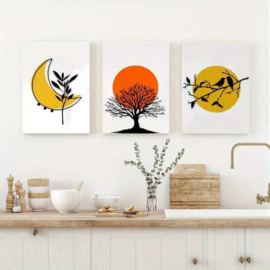 3pcs Nature-Inspired Sun and Tree Metal Print Ready to Hang Art
