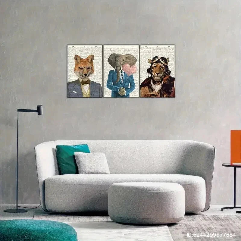 3pcs Fox, Elephant & Tiger in Love Heart Metal Print Ready to Hang Art