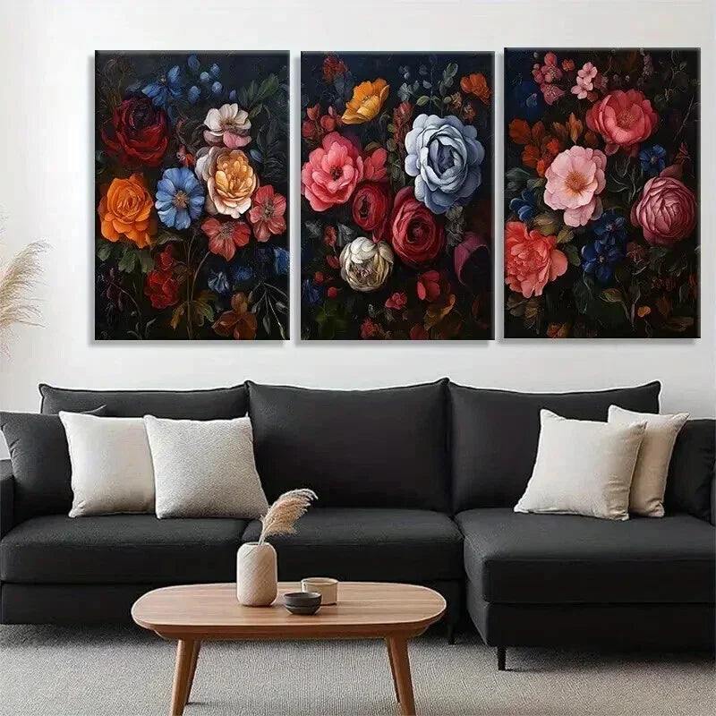 3pcs Floral Bouquet in Rich Hues of Red Perfect Wall Art Set Canvas Framed 40x60cm - High Quality Print 100% Australian Made Wall Canvas Ready to Hang