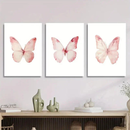 3pcs Pink Butterfly Romantic Space Mural, Metal Print Ready to Hang Art