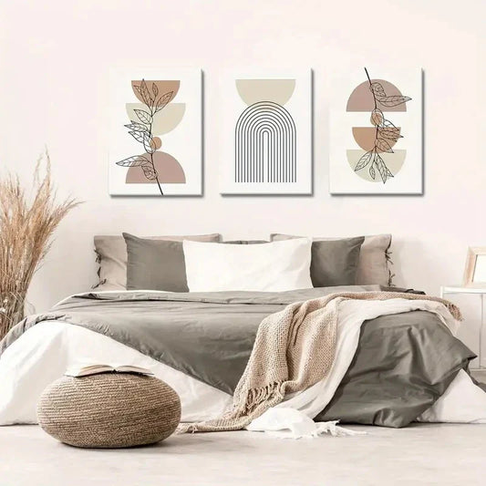 3pcs Abstract Geometric Line Leaf Beige Botanical Metal Print Ready to Hang Art