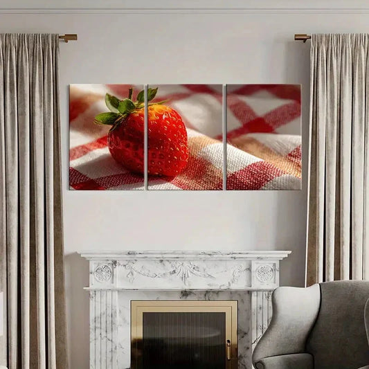 3pcs Fresh Strawberry On Checkered Cloth Metal Print Ready to Hang Art