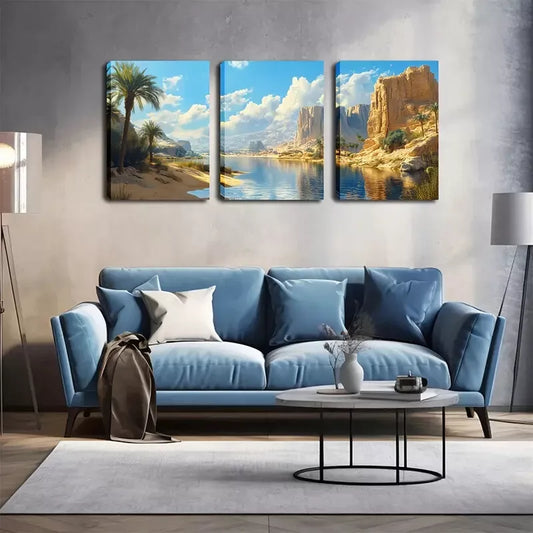 3pcs Attractive Lake In The Desert, Wall Art Set Canvas Framed 40x60cm - High Quality Print 100% Australian Made Wall Canvas Ready to Hang