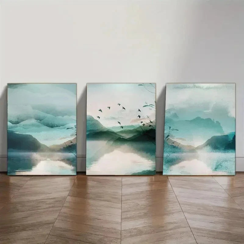 3pcs Blue Green Watercolor Style Abstract Mural Metal Print Ready to Hang Art
