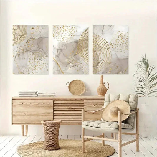 3pcs Beige & Golden Marble Wall Prints Metal Print Ready to Hang Art