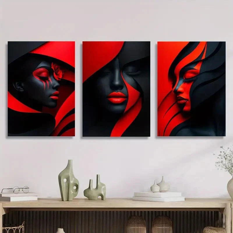 3pcs geometric red makeup poster, Metal Print Ready to Hang Art