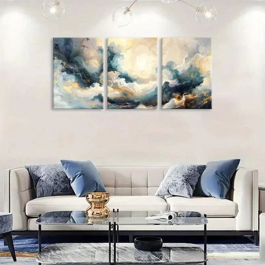 3pcs Abstract Blue & Golden Marble Metal Print Ready to Hang Art