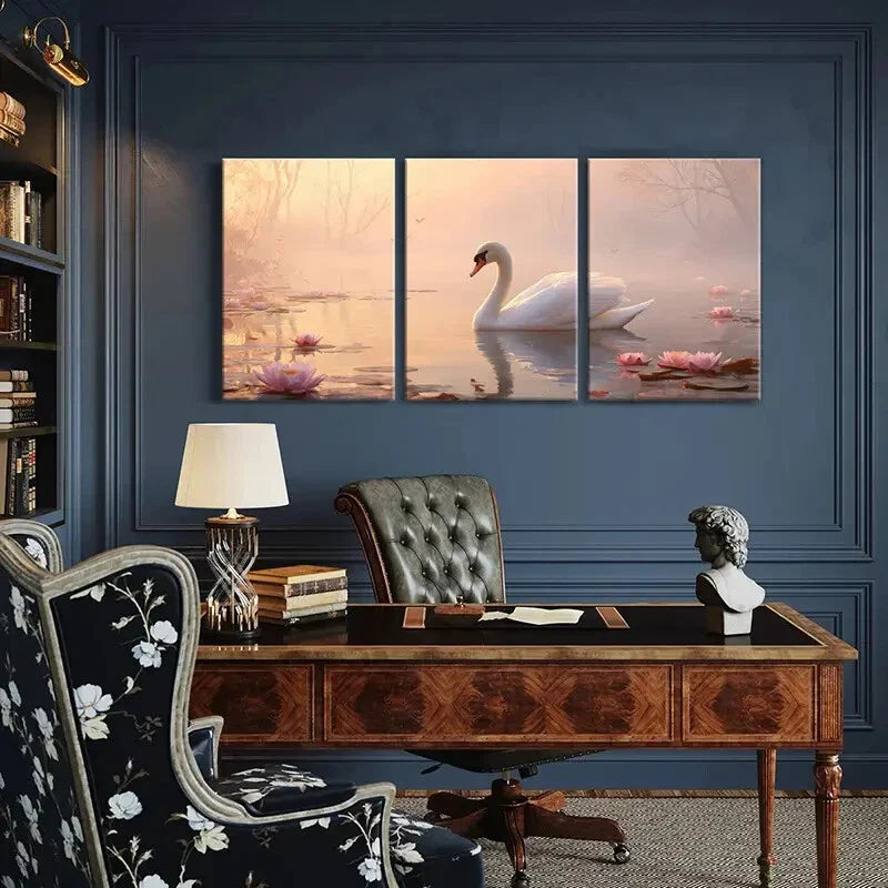 3pcs Elegant Swan Serene Lake Pink for Lotus Metal Print Ready to Hang Art