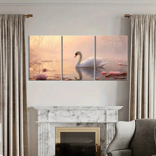 3pcs Elegant Swan Serene Lake Pink for Lotus Metal Print Ready to Hang Art