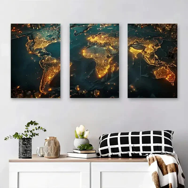 3pcs Golden Illuminated Cityscape Abstract Metal Print Ready to Hang Art