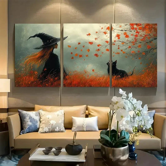 3pcs Enchanting Autumn Witch with Black Cat Metal Print Ready to Hang Art