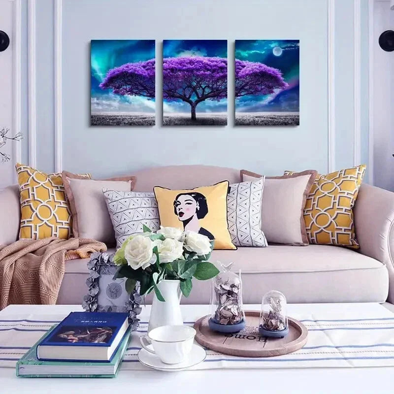 3pcs Aurora Purple Tree Scenery Metal Print Ready to Hang Art
