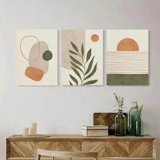 3pcs Abstract Green Tropical Leaves Geometric Art Metal Print Ready to Hang Art