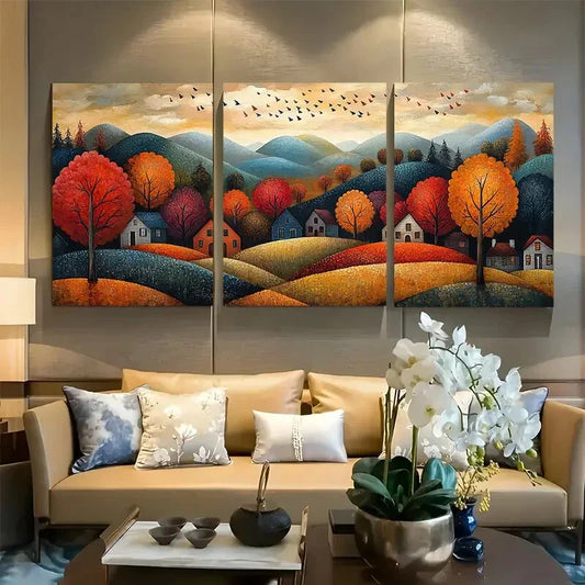 3pcs Rolling Hills Surrounded By Autumn Trees Metal Print Ready to Hang Art