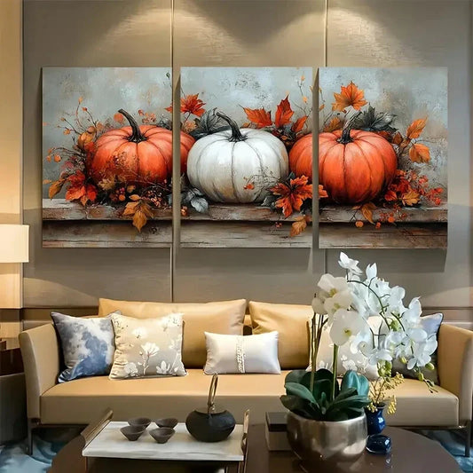 3pcs Pumpkins with Autumn Leaves Rustic Farmhouse Metal Print Ready to Hang Art