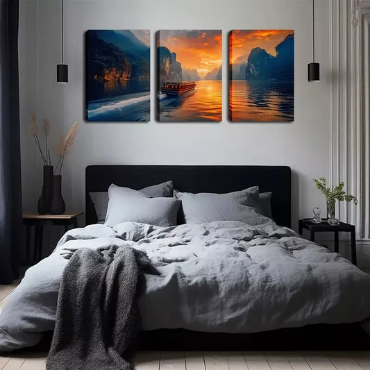 3pcs Coastal Sunset Sailing Boat Wall Art Set Canvas Framed 40x60cm - High Quality Print 100% Australian Made Wall Canvas Ready to Hang