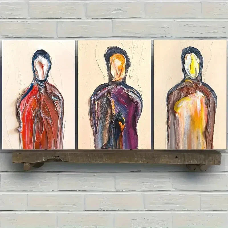 3pcs Surreal Male Figures in Red Purple & Yellow Metal Print Ready to Hang Art