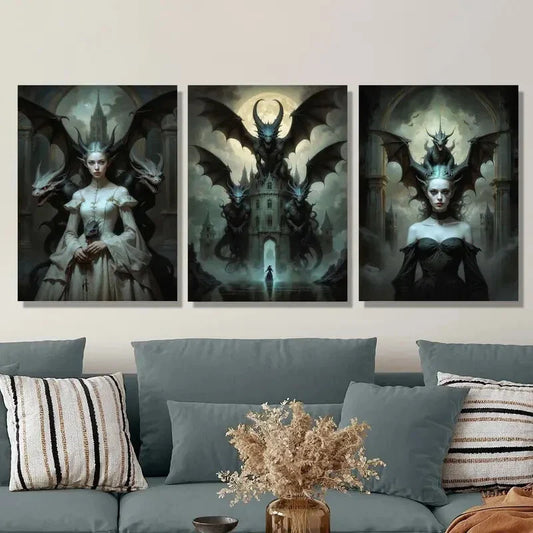 3pcs Haunted dragon castle illustration Metal Print Ready to Hang Art