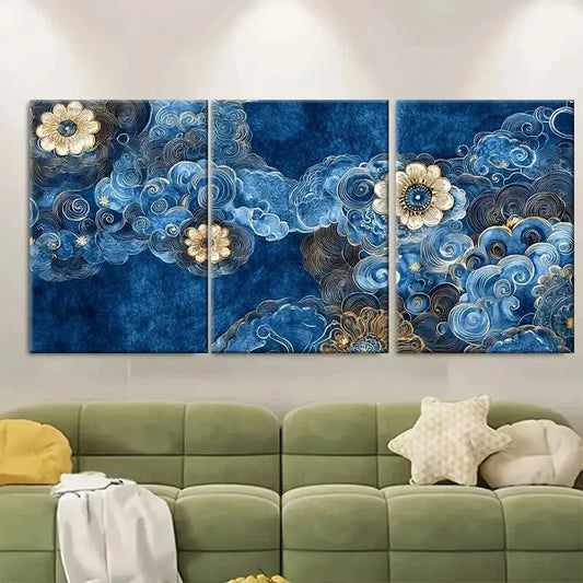 3pcs Chinese Batik Fabric Indigo Cloud Art Print Metal Print Ready to Hang Art
