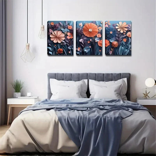 3pcs Vibrant Orange & Pink Flowers Metal Print Ready to Hang Art