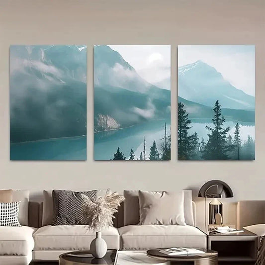 3pcs Tranquil Mountain Misty Lake Landscape Metal Print Ready to Hang Art