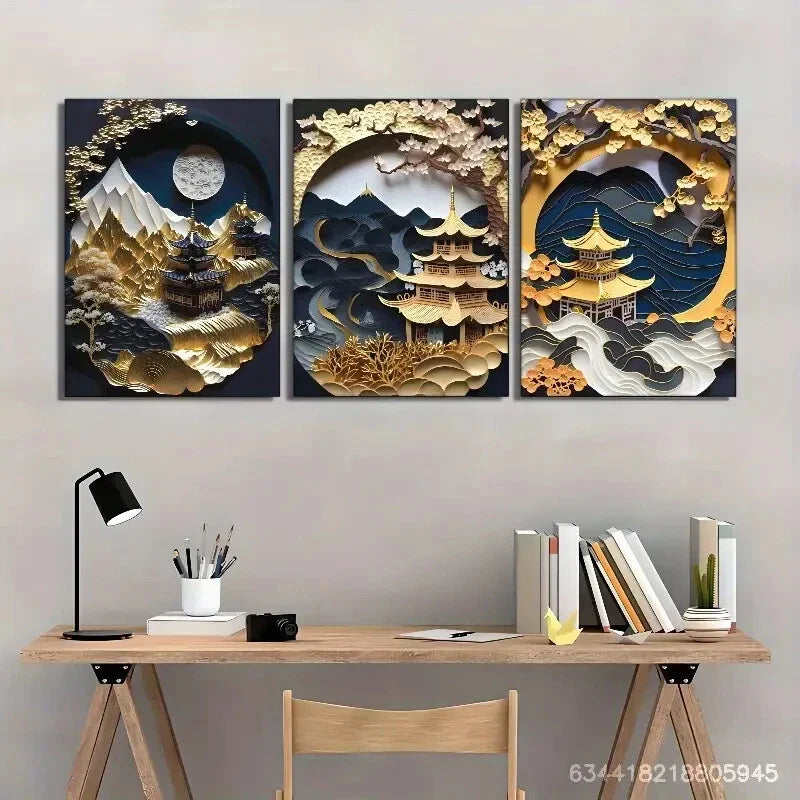 3pcs Kintsugi Japan Golden, Japanese Metal Print Ready to Hang Art