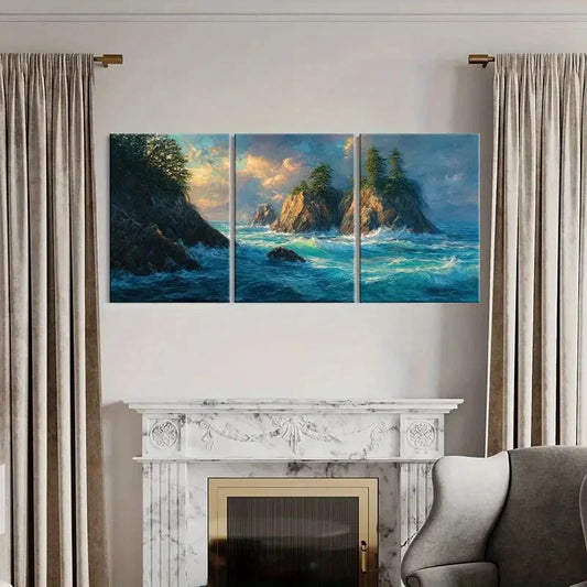 3pcs Ocean Waves Rocky Cliffs Coastal Landscape Metal Print Ready to Hang Art