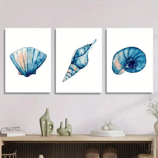 3pcs Seashell, Conch, Snail Shell, Marine Life Metal Print Ready to Hang Art