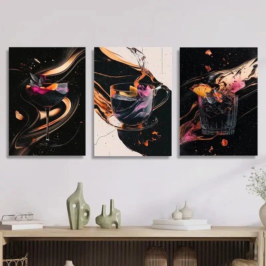 3pcs Vibrant Cocktail & Wine Glass Designs, Metal Print Ready to Hang Art