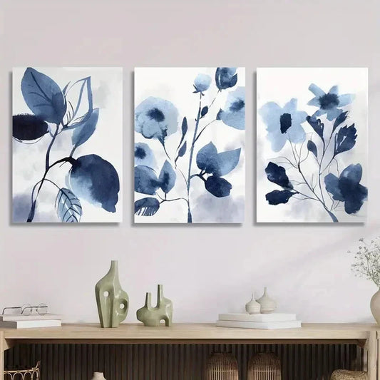 3pcs blue leaves botanical art, navy blue Metal Print Ready to Hang Art