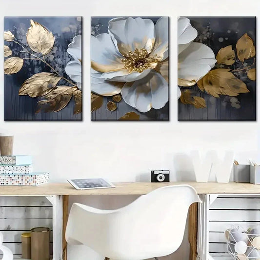 3pcs Modern Abstract Floral Big White Flowers Metal Print Ready to Hang Art