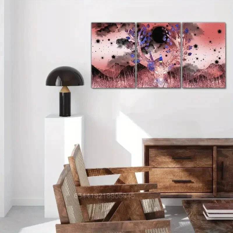 3pcs Sika deer, cute animals, mountains, Metal Print Ready to Hang Art