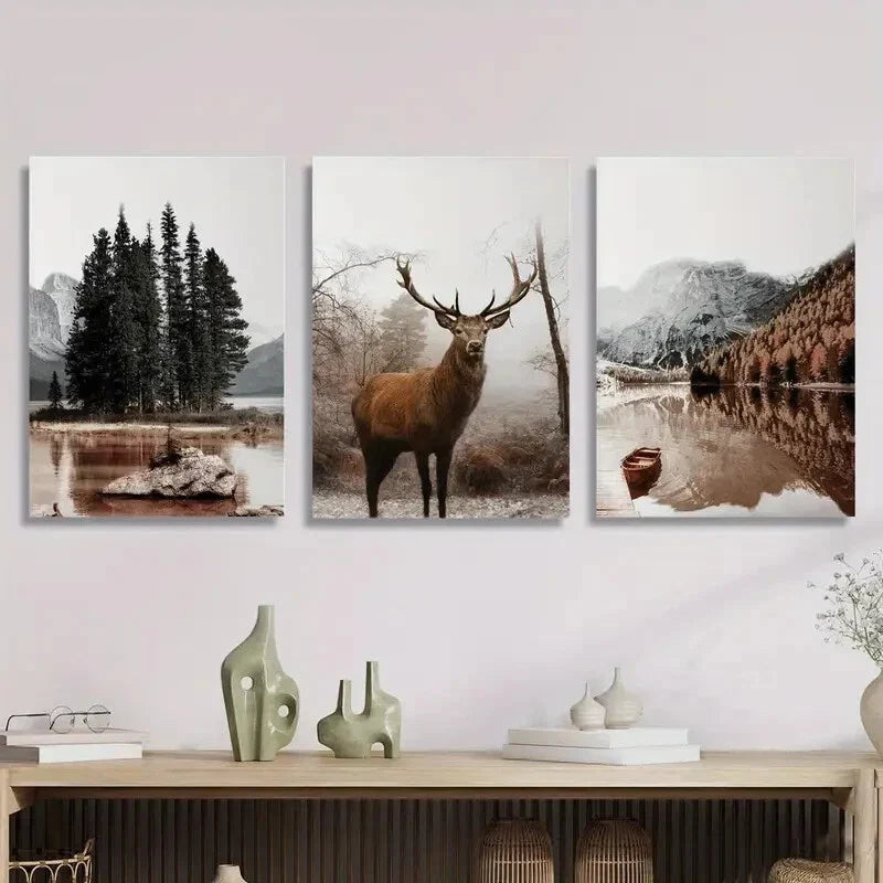 3pcs Mountain Lake And a Stag, Metal Print Ready to Hang Art