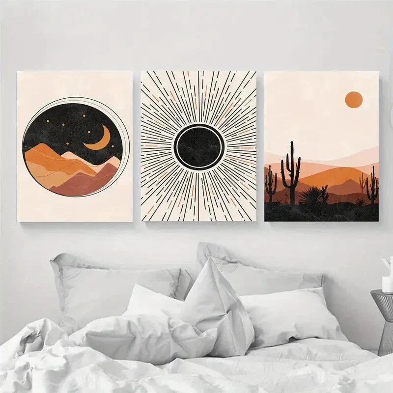 3pcs Minimal Abstract Geometric Sun and Moon Metal Print Ready to Hang Art