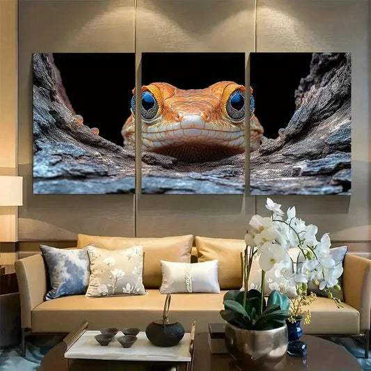 3pcs Lizard Poking His Head Out Of A Tree Metal Print Ready to Hang Art