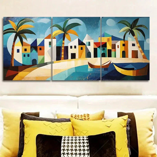 3pcs Caribbean houses and boats Painting Wall Art Set Canvas Framed 40x60cm - High Quality Print 100% Australian Made Wall Canvas Ready to Hang
