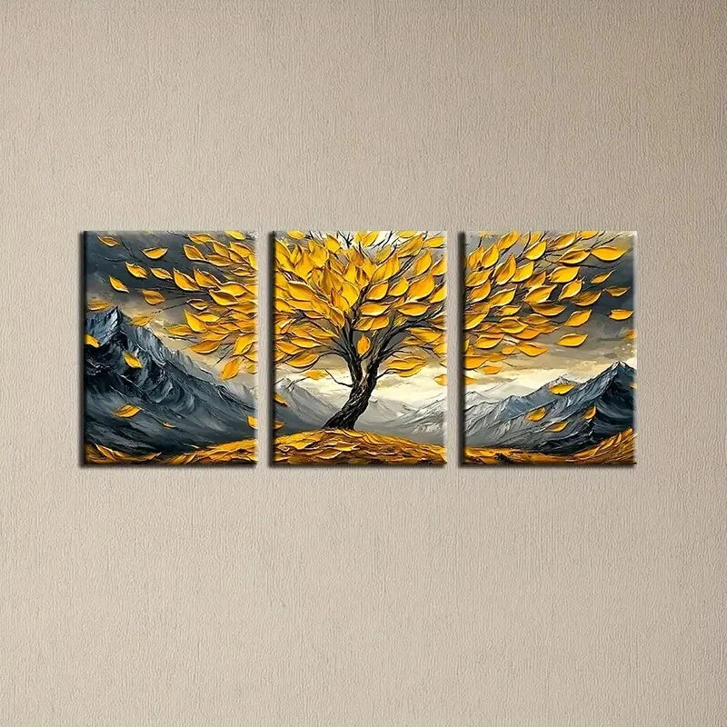 3pcs Vibrant Autumn Foliage, Golden Leaves Metal Print Ready to Hang Art