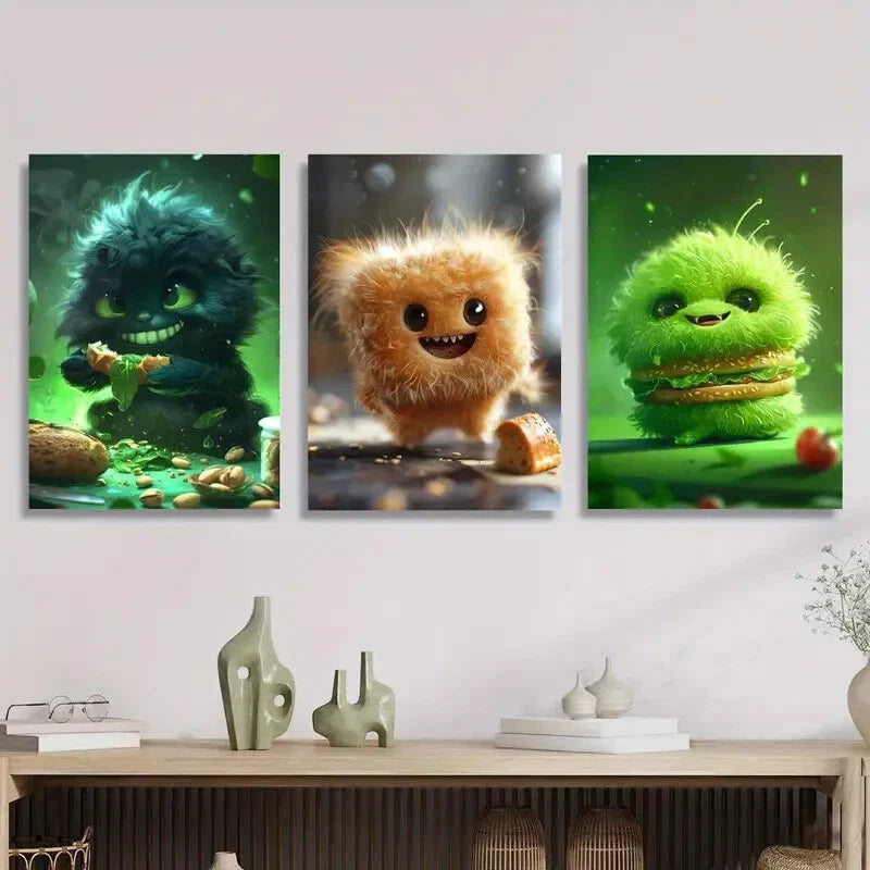 3pcs green furry monster burger, abstract Metal Print Ready to Hang Art