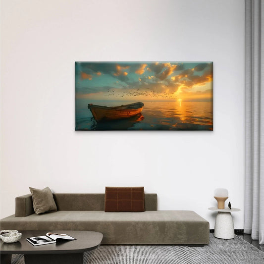 Sunset Boat Ocean Skyline Wall Art Canvas Office Home Room Framed 80x45cm