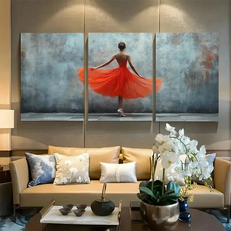 3pcs Stylish Orange Gray Ballerina Design Metal Print Ready to Hang Art
