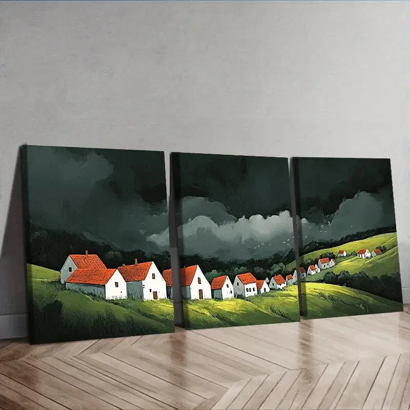 3pcs A little village with red roofs Wall Art Set Canvas Framed 40x60cm - High Quality Print 100% Australian Made Wall Canvas Ready to Hang