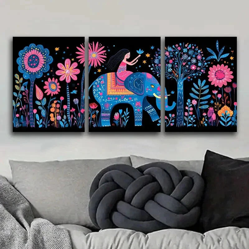 3pcs Elephant and Baby, Luxurious Metal Print Ready to Hang Art