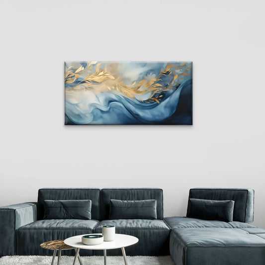 Blue And Golden Abstract Wall Art Canvas Office Home Room Framed 80x45cm