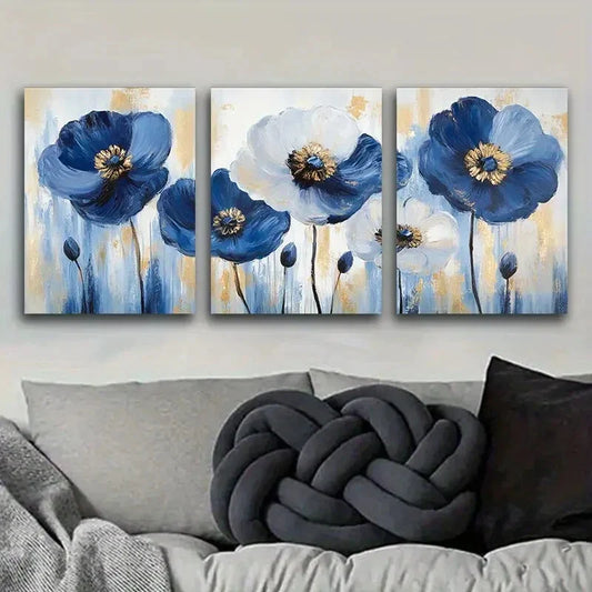 3pcs Abstract Blue Poppies Painting Metal Print Ready to Hang Art