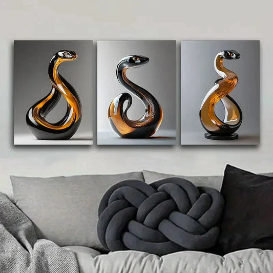3pcs Snake Glass Sculpture Metal Print Ready to Hang Art